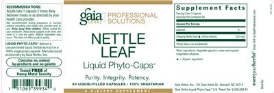 Photo of the Gaia Herbs Professional Solutions Nettle Leaf Liquid Phyto-Caps label