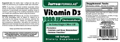 Photo of the Jarrow Formulas Vitamin D3 1000 IU label