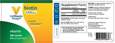 Photo of the The Vitamin Shoppe Biotin 5,000 mcg label