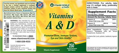 Photo of the Vitamin World Vitamins A & D label