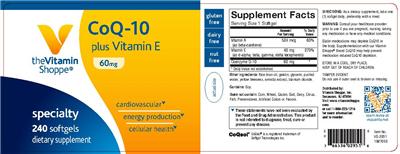 Photo of the The Vitamin Shoppe CoQ-10 Plus Vitamin E 60 mg label