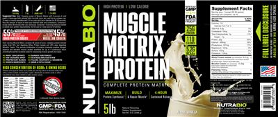 Photo of the NutraBio Muscle Matrix Protein Alpine Vanilla label