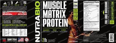Photo of the NutraBio Muscle Matrix Protein Dutch Chocolate label