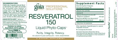 Photo of the Gaia Herbs Professional Solutions Resveratrol 150 Liquid Phyto-Caps label