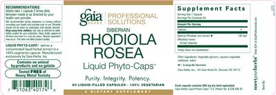 Photo of the Gaia Herbs Professional Solutions Siberian Rhodiola Rosea Liquid Phyto-Caps label