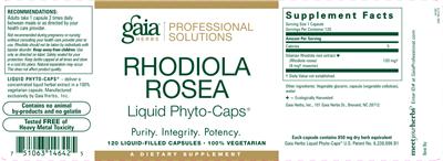 Photo of the Gaia Herbs Professional Solutions Rhodiola Rosea Liquid Phyto-Caps label