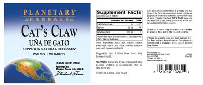 Photo of the Planetary Herbals Cat's Claw 750 mg label