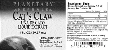Photo of the Planetary Herbals Cat's Claw Liquid Extract label