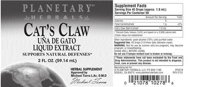 Photo of the Planetary Herbals Cat's Claw Liquid Extract label