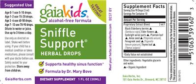Photo of the GaiaKids Sniffle Support Herbal Drops label