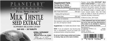 Photo of the Planetary Herbals Full Spectrum Milk Thistle Seed Extract label