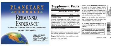 Photo of the Planetary Herbals Rehmannia Endurance label