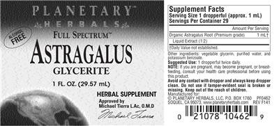 Photo of the Planetary Herbals Full Spectrum Astragalus Glycerite label