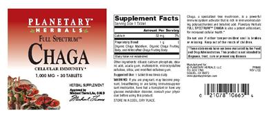 Photo of the Planetary Herbals Full Spectrum Chaga 1,000 mg label