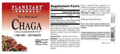 Photo of the Planetary Herbals Full Spectrum Chaga 1,000 mg label