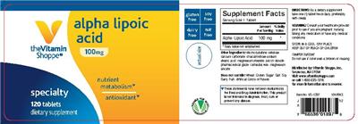 Photo of the The Vitamin Shoppe Alpha Lipoic Acid 100 mg label