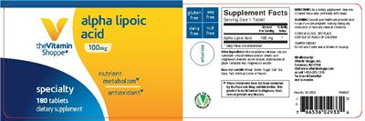 Photo of the The Vitamin Shoppe Alpha Lipoic Acid 100 mg label