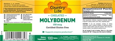 Photo of the Country Life Chelated Molybdenum 150 mcg label