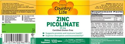 Photo of the Country Life Zinc Picolinate 25 mg label