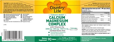 Photo of the Country Life Target-Mins Calcium Magnesium Complex With Vitamin D3 label