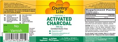 Photo of the Country Life Natural Activated Charcoal 260 mg label