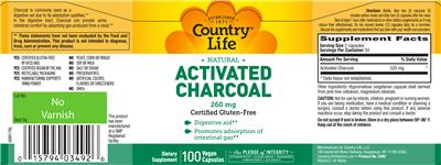 Photo of the Country Life Natural Activated Charcoal 260 mg label