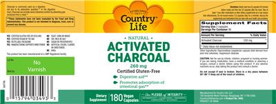 Photo of the Country Life Natural Activated Charcoal 260 mg label