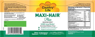 Photo of the Country Life Maxi-Hair Plus 5,000 mcg Biotin label
