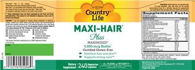 Photo of the Country Life Maxi-Hair Plus 5,000 mcg Biotin label