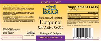 Photo of the Natural Factors Enhanced Absorption Ubiquinol QH Active CoQ10 label