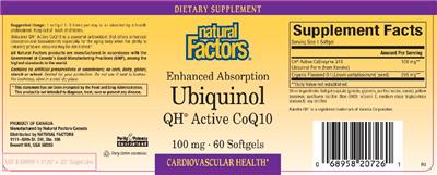 Photo of the Natural Factors Enhanced Absorption Ubiquinol QH Active CoQ10 100 mg label
