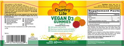 Photo of the Country Life Vegan D3 Gummies 1000 IU label