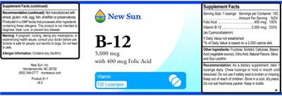 Photo of the New Sun B-12 5,000 mcg With 400 mcg Folic Acid label
