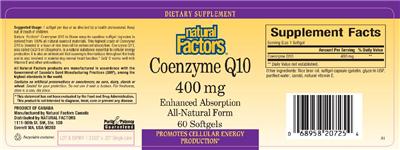 Photo of the Natural Factors Coenzyme Q10 400 mg label