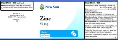 Photo of the New Sun Zinc 50 mg label