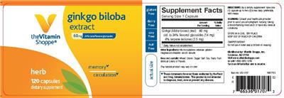 Photo of the The Vitamin Shoppe Ginkgo Biloba Extract 60 mg label