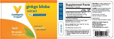 Photo of the The Vitamin Shoppe Ginkgo Biloba Extract 60 mg label