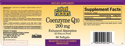 Photo of the Natural Factors Coenzyme Q10 200 mg label