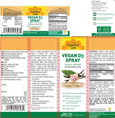 Photo of the Country Life Vegan D3 Spray 2,000 IU Vanilla Bean Flavor label