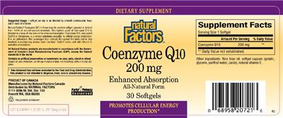 Photo of the Natural Factors Coenzyme Q10 200 mg label