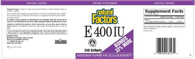 Photo of the Natural Factors E 400 IU label