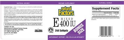 Photo of the Natural Factors Mixed Vitamin E 400 IU label
