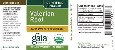 Photo of the Gaia Organics Valerian Root label