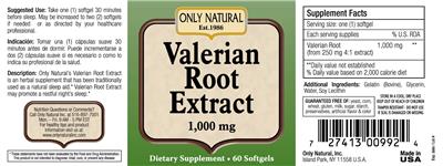 Photo of the Only Natural Valerian Root Extract 1,000 mg label