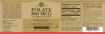 Photo of the Solgar Folate 800 mcg (As Metafolin) label