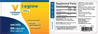 Photo of the The Vitamin Shoppe L-Arginine 500 mg label