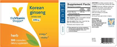 Photo of the The Vitamin Shoppe Korean Ginseng 648 mg label