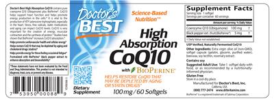 Photo of the Doctor's Best High Absorption CoQ10 100 mg label