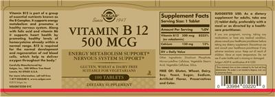 Photo of the Solgar Vitamin B12 500 mcg label