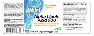 Photo of the Doctor's Best Alpha-Lipoic Acid 600 mg label